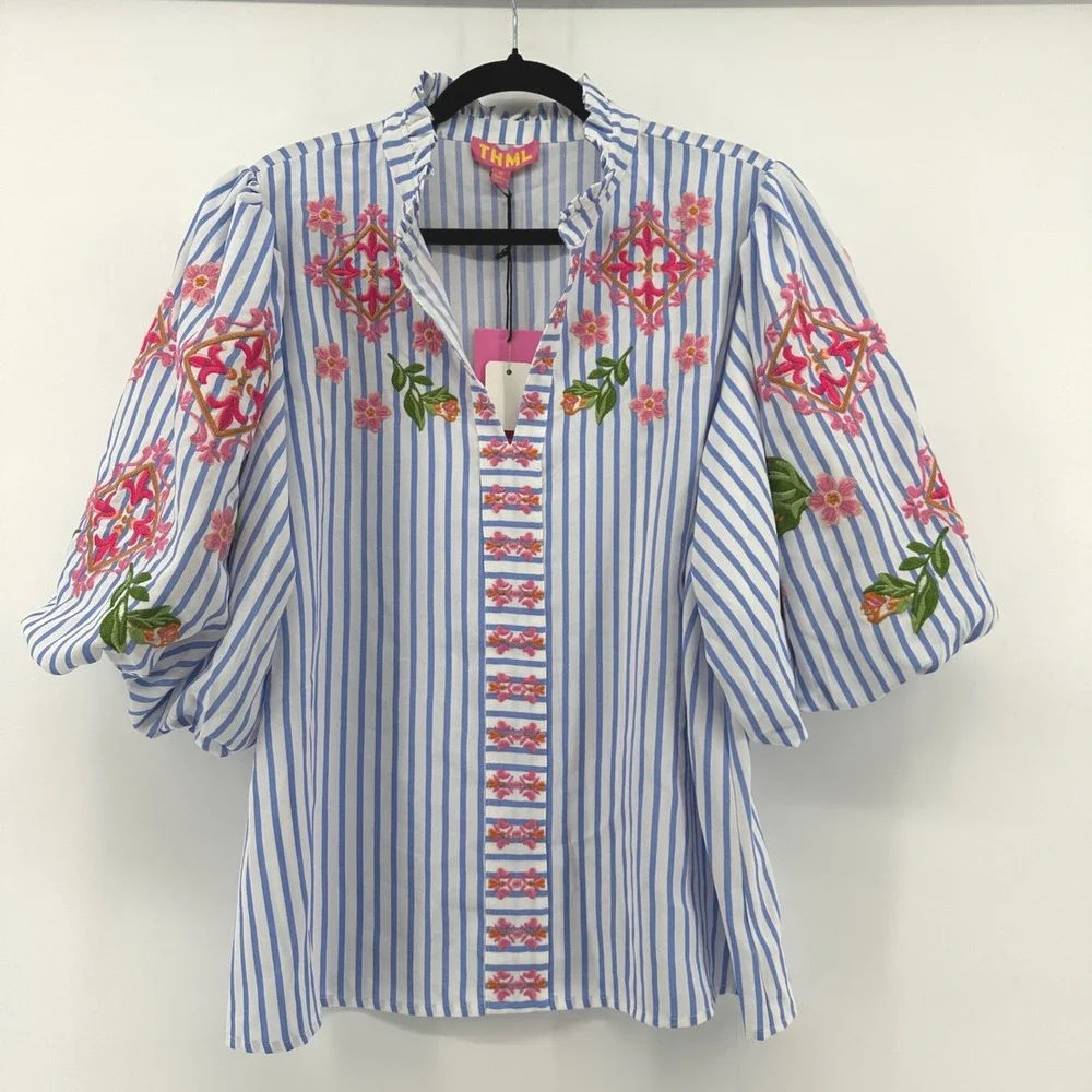 THML Blue & White Striped Embroidered Peasant Blouse with Pink Floral Accents